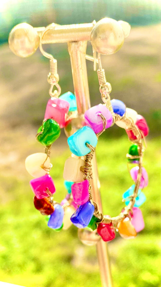 Colorful gemstone hoops | bright stone earrings | summer earrings | spring hoops | handmade wire wrapped gems | multicolor stoned hoops |
