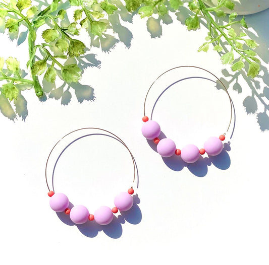 Lilac-Lavender Beaded Hoop Earrings | Modern | Dainty Gold Hoop Earrings | Lightweight | Uniquely Handmade | Gift For Her | Game Day Jewelry