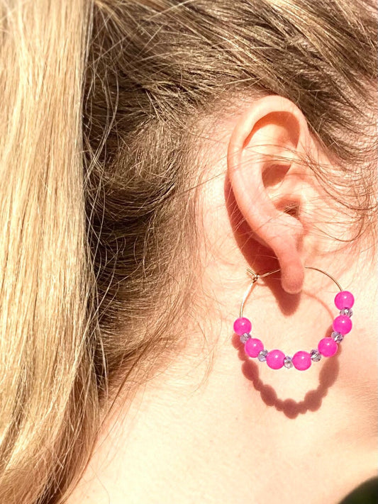 Bright Pink and Gold Hoop Earrings | Hot Pink and Sapphire Blue Crystal Glass Beading on Handmade Gold Plated Hoops | Medium/Small Hoops