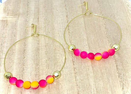 Large gold hoop earrings | Oversized beaded hoops | Pink and orange hoop earrings | Big beaded hoops | Bright colorful jewelry | Ombré hoops