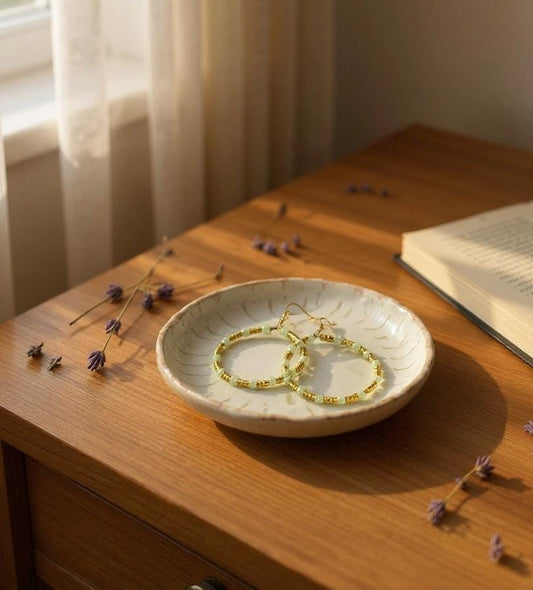 Dainty Beaded Gold Hoop Earrings | Artisan Jewelry | White and Gold Seed Bead Hoops | Boho Chic | Lightweight & Elegant | Handmade | Pearly