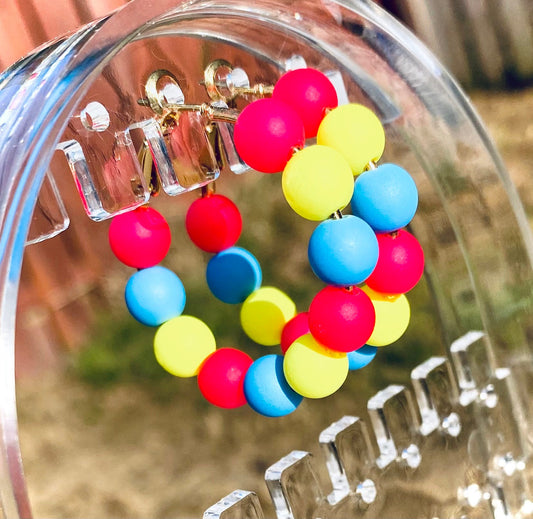 Rainbow Hoop Earrings | Neon Beaded Hoops | Bright Summer Color Jewelry | Gold Lever Clasp Hoops | Hand Crafted | Pink | Blue | Yellow |