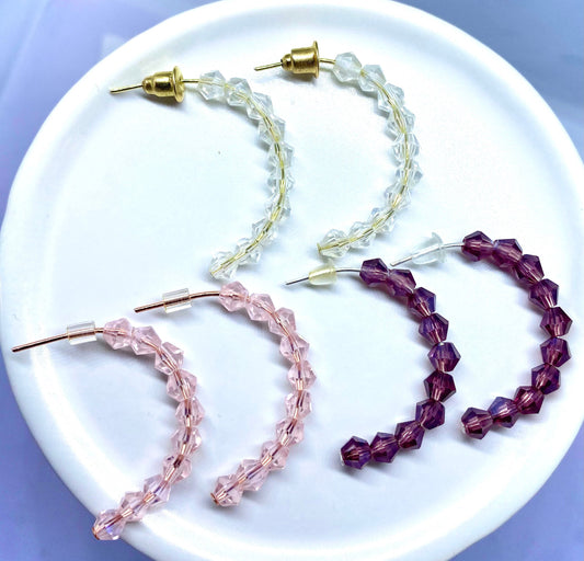 Crystal Hoop Earrings, Handmade Beaded C-Hoops, Huggie Style Hoops, Half Hoop Earrings, Birthstone Jewelry, Custom Color Gemstone Hoops.