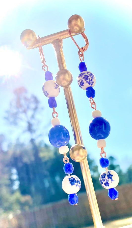 Ginger Jar Inspired Dangle Earrings | Uniquely Handmade | Floral | Painted Beading | Antique Chic | Blue & White | Vintage | Dainty Elegance
