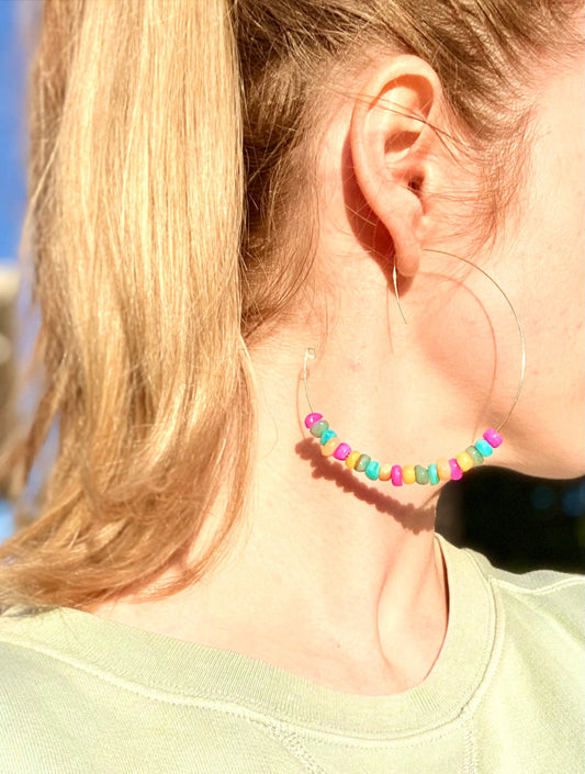 Colorful Chipped Gemstone Hoops | Handmade Gold Hoops | Large Open Dangle Hoop Earrings | Unique Style Hoops | Bright Multicolored Hoops |