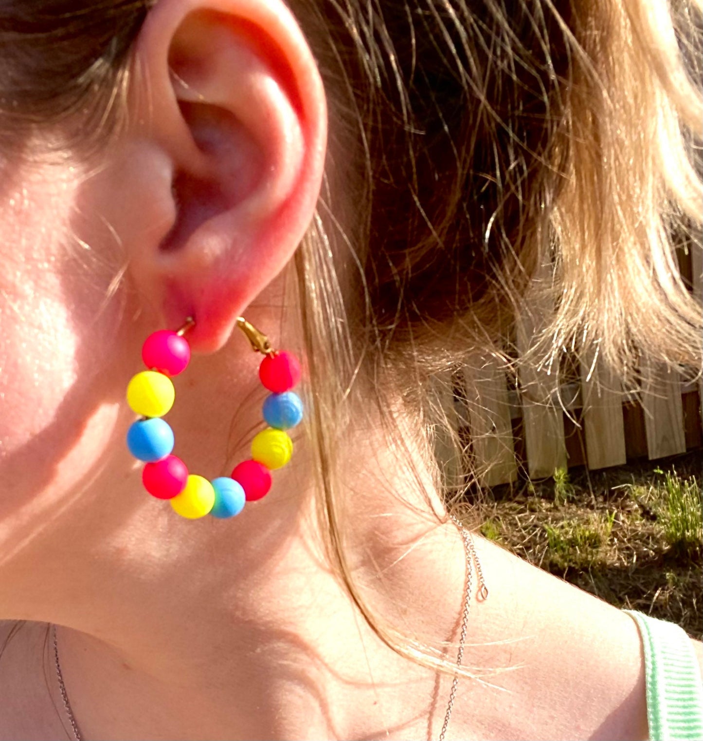 Rainbow Hoop Earrings | Neon Beaded Hoops | Bright Summer Color Jewelry | Gold Lever Clasp Hoops | Hand Crafted | Pink | Blue | Yellow |