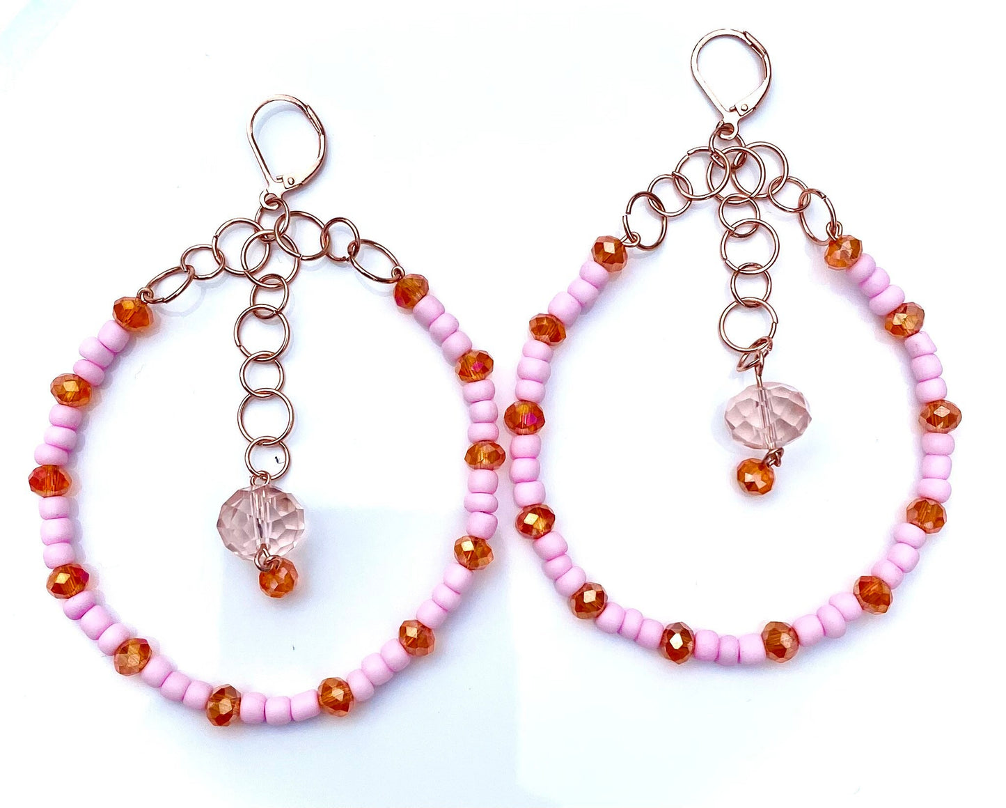 Teardrop Hoop Earrings | Large Beaded Oblong Hoops | Chain Maille | Handcrafted Rose Gold Hoops | Colorful Earrings | Dangle Hoops | Crystal