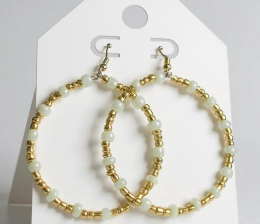 Dainty Beaded Gold Hoop Earrings | Artisan Jewelry | White and Gold Seed Bead Hoops | Boho Chic | Lightweight & Elegant | Handmade | Pearly