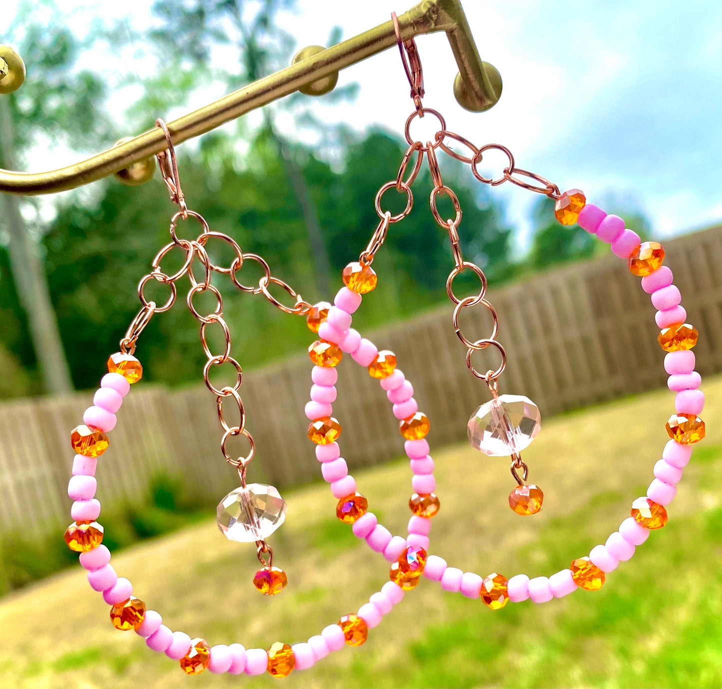 Teardrop Hoop Earrings | Large Beaded Oblong Hoops | Chain Maille | Handcrafted Rose Gold Hoops | Colorful Earrings | Dangle Hoops | Crystal