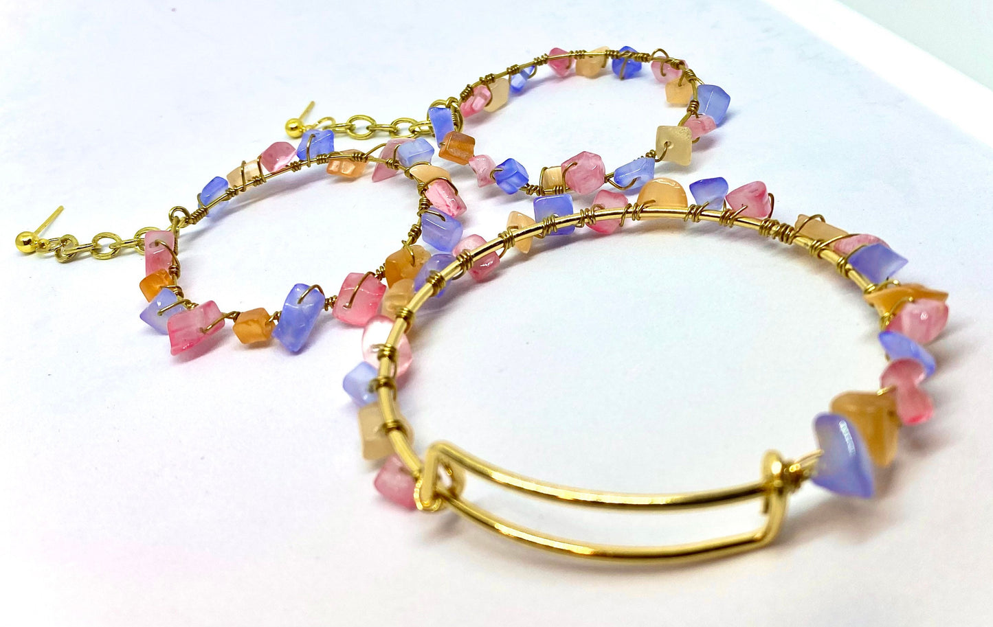 Colorful Gemstone Jewelry Set | Gold Wire Wrapped Crystal Earrings and Bracelet Set | Handmade Gemstone Jewelry | Bright Color jewelry |
