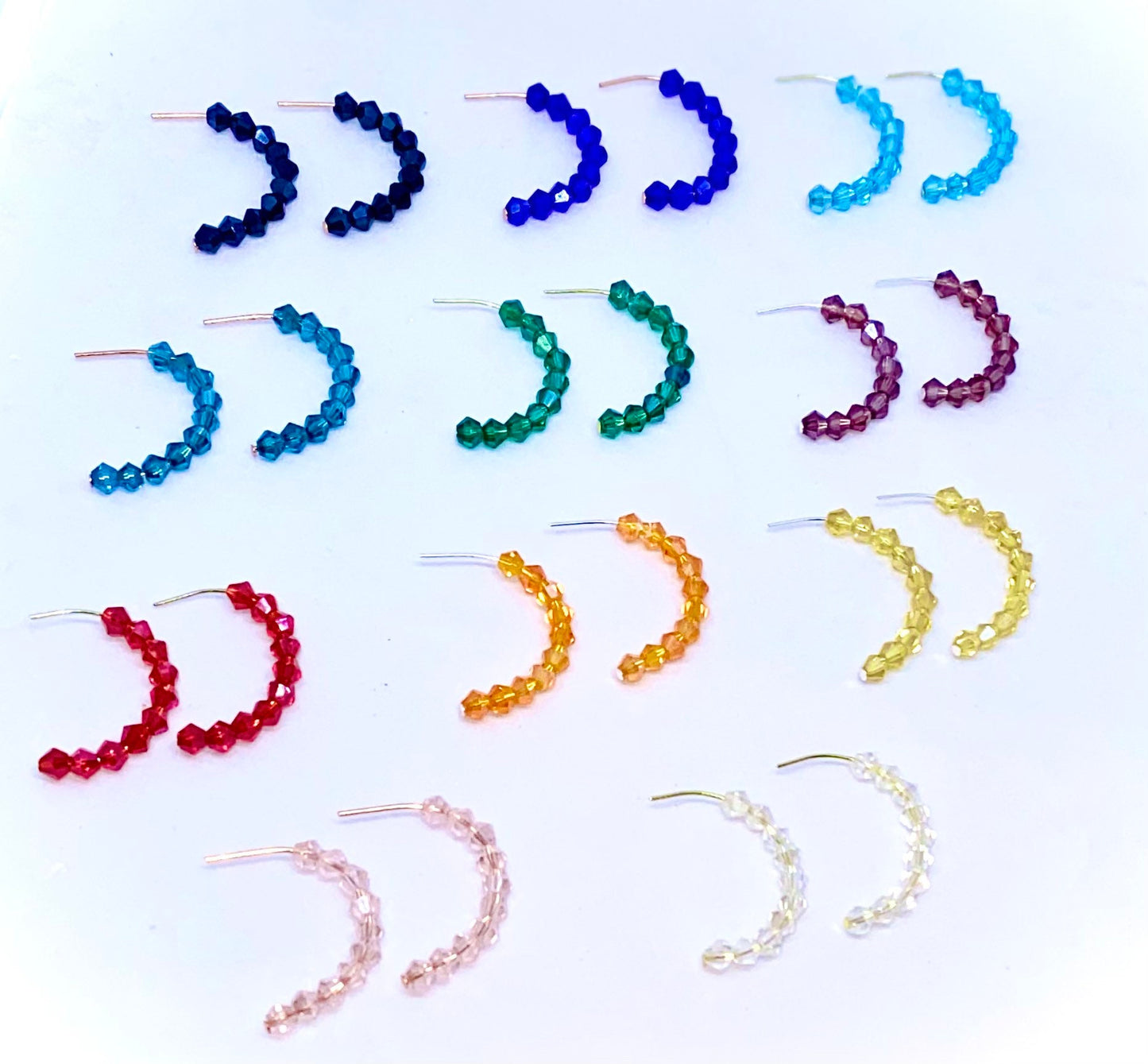 Crystal Hoop Earrings, Handmade Beaded C-Hoops, Huggie Style Hoops, Half Hoop Earrings, Birthstone Jewelry, Custom Color Gemstone Hoops.