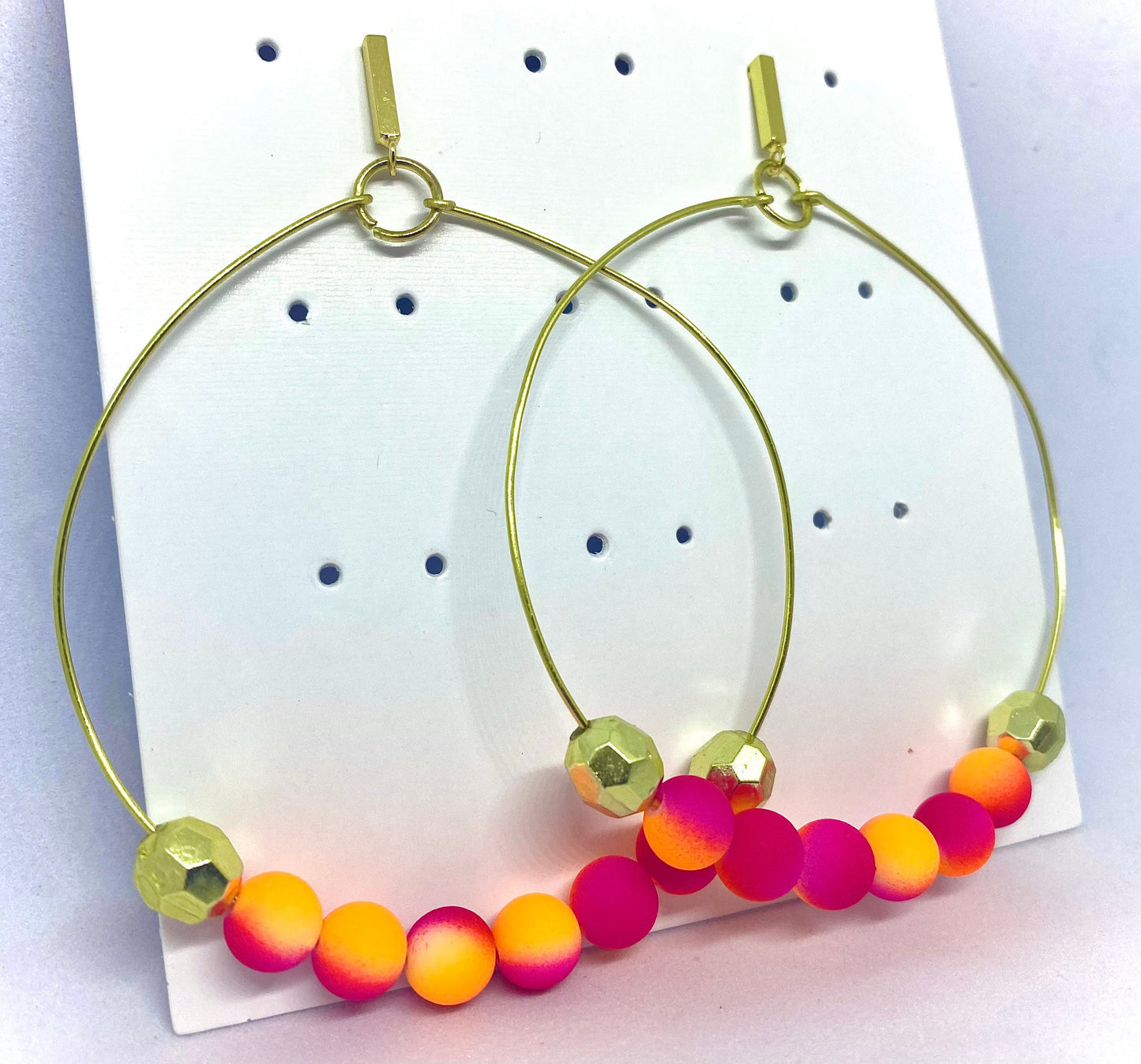 Large gold hoop earrings | Oversized beaded hoops | Pink and orange hoop earrings | Big beaded hoops | Bright colorful jewelry | Ombré hoops
