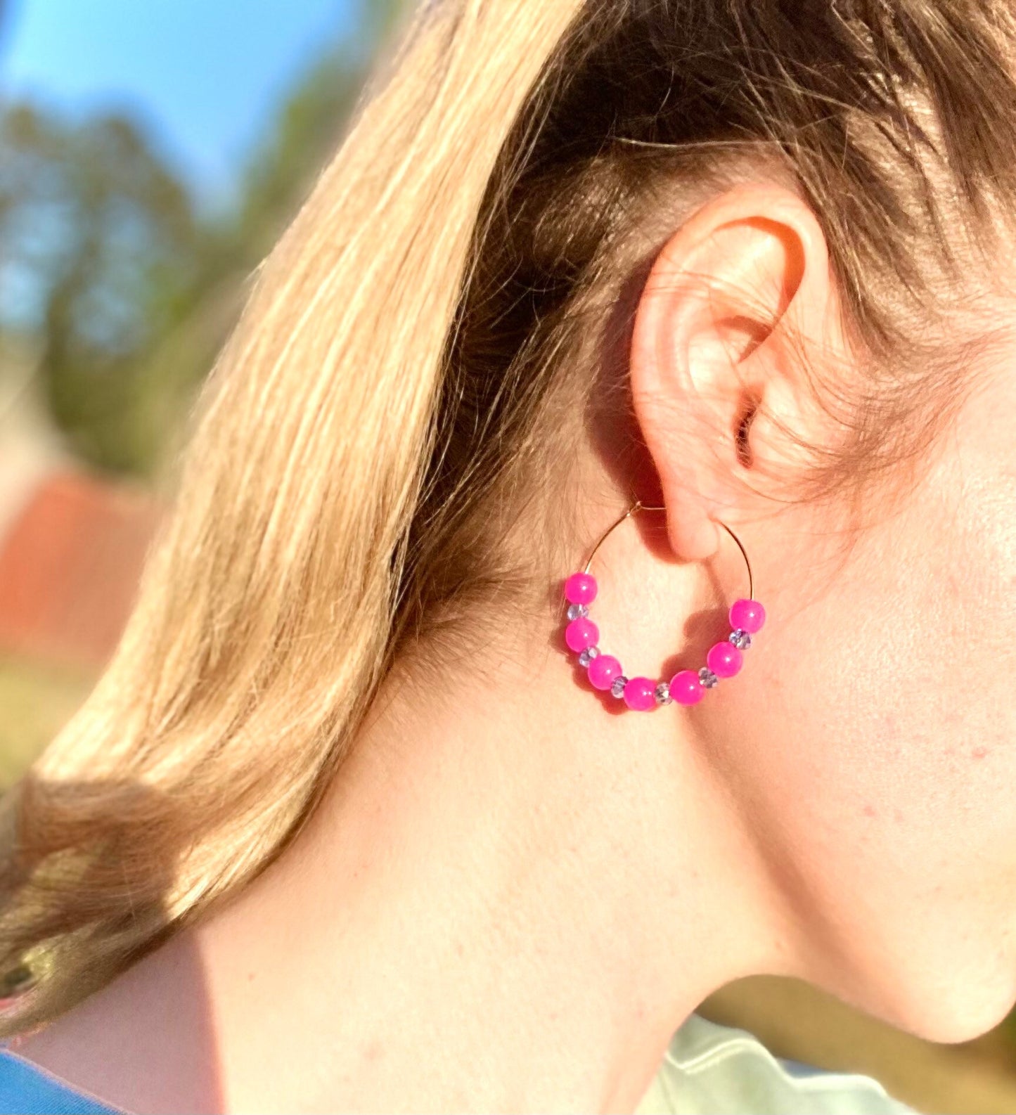 Bright Pink and Gold Hoop Earrings | Hot Pink and Sapphire Blue Crystal Glass Beading on Handmade Gold Plated Hoops | Medium/Small Hoops