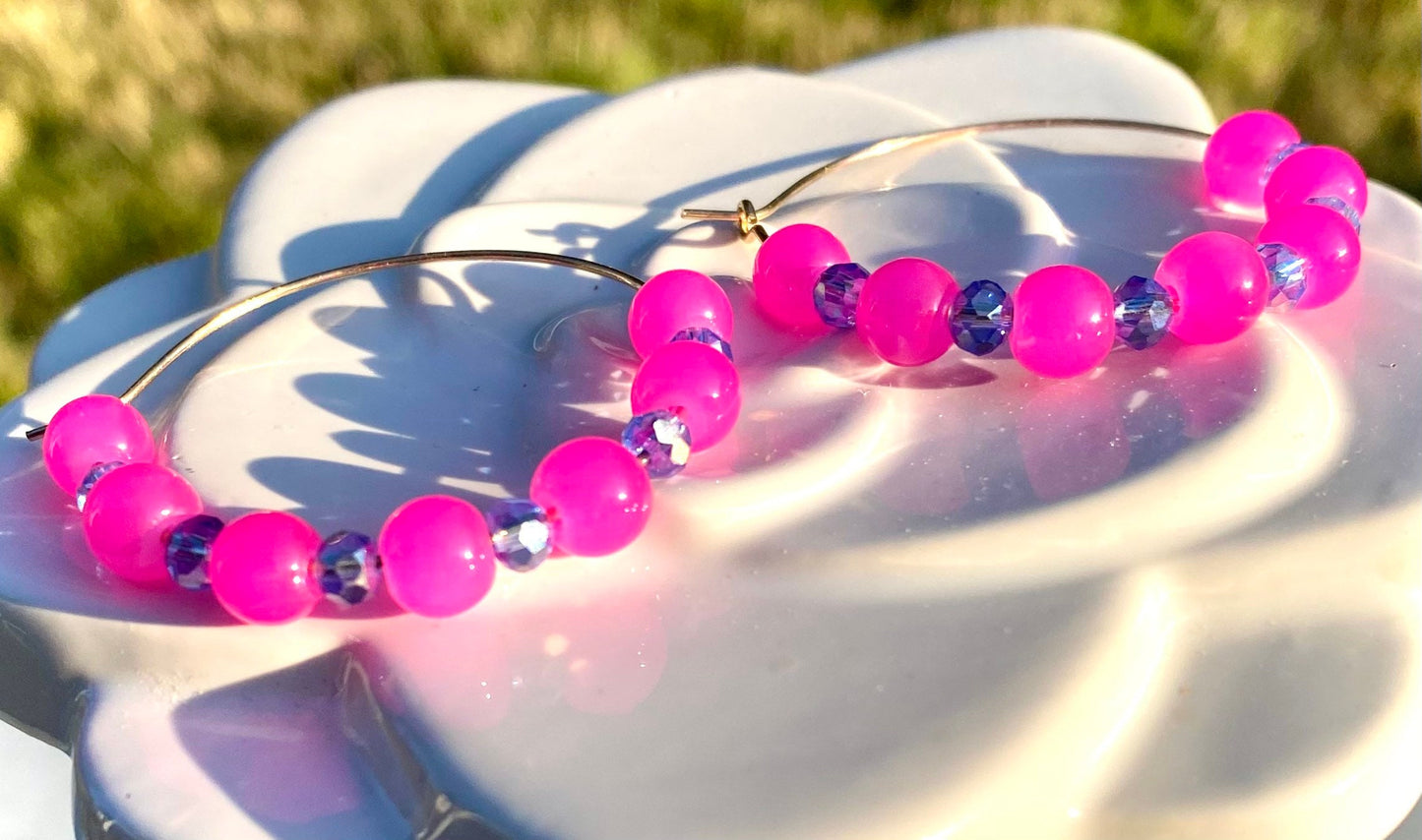 Bright Pink and Gold Hoop Earrings | Hot Pink and Sapphire Blue Crystal Glass Beading on Handmade Gold Plated Hoops | Medium/Small Hoops