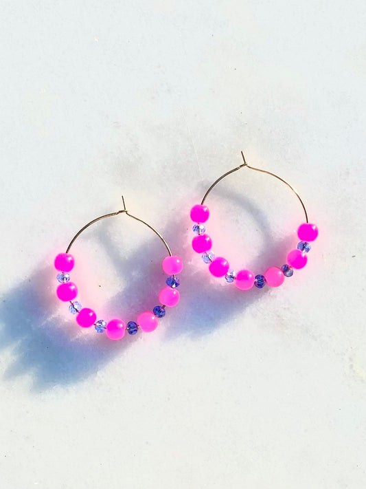 Bright Pink and Gold Hoop Earrings | Hot Pink and Sapphire Blue Crystal Glass Beading on Handmade Gold Plated Hoops | Medium/Small Hoops