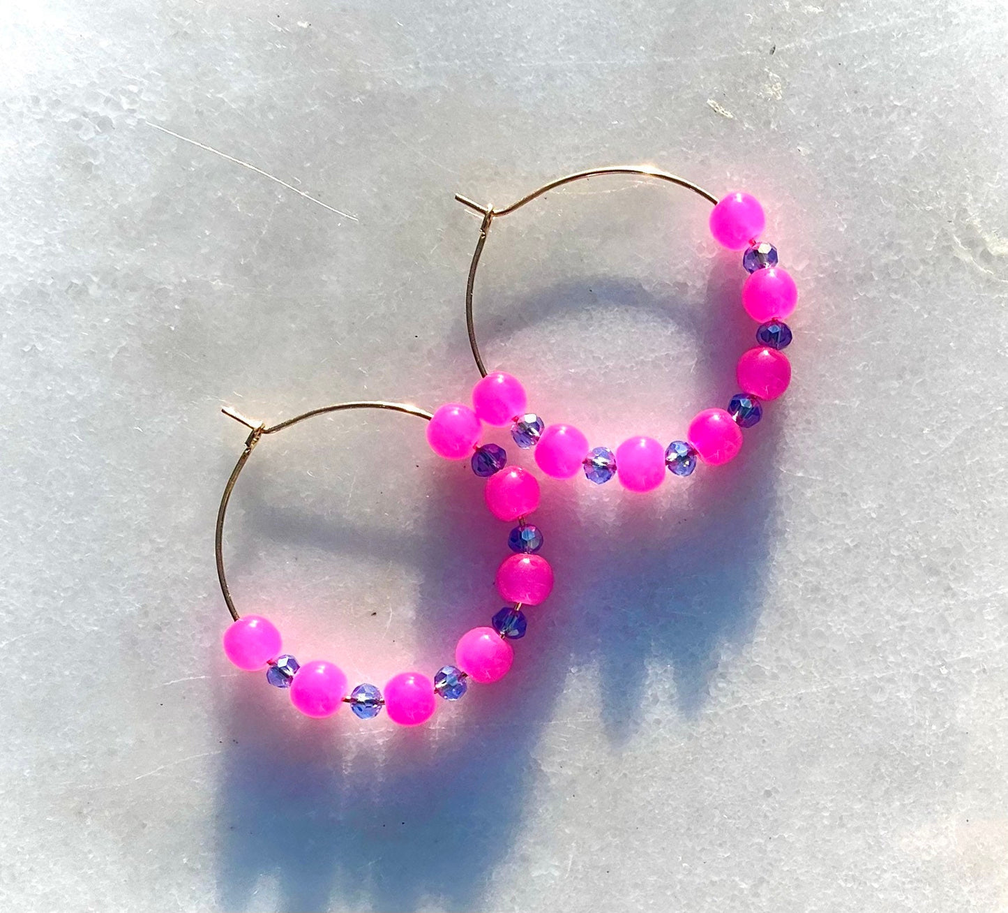 Bright Pink and Gold Hoop Earrings | Hot Pink and Sapphire Blue Crystal Glass Beading on Handmade Gold Plated Hoops | Medium/Small Hoops