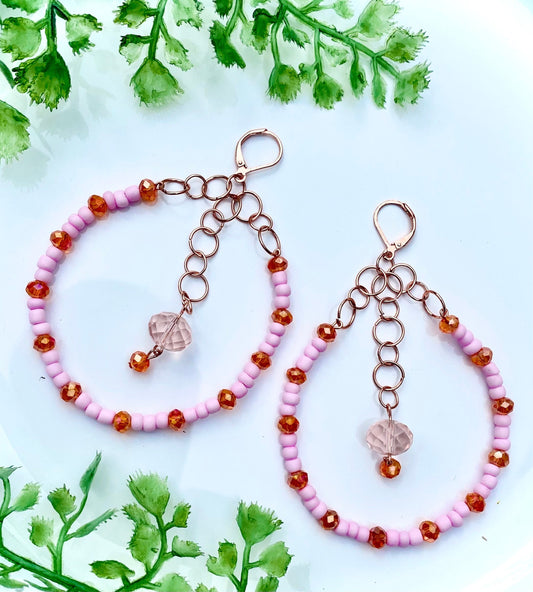 Teardrop Hoop Earrings | Large Beaded Oblong Hoops | Chain Maille | Handcrafted Rose Gold Hoops | Colorful Earrings | Dangle Hoops | Crystal