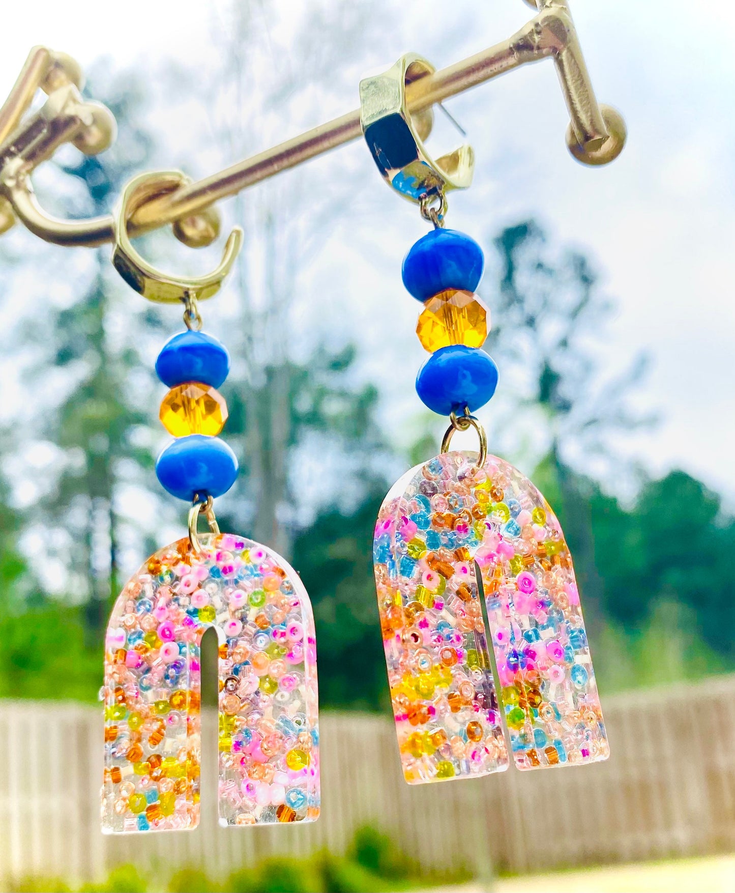 Rainbow Earrings | Colorful U-Shape Earrings | Bright Summer Color Earrings | Gold Half Hoop Stud Dangle Earring | Long Earrings | Prom |