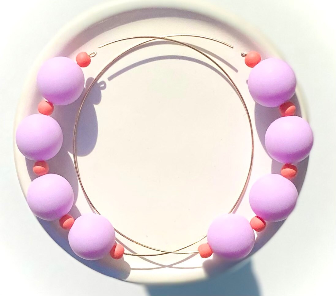 Lilac-Lavender Beaded Hoop Earrings | Modern | Dainty Gold Hoop Earrings | Lightweight | Uniquely Handmade | Gift For Her | Game Day Jewelry
