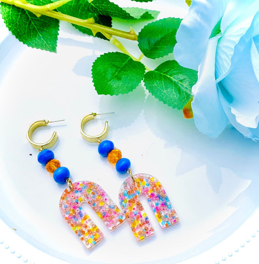 Rainbow Earrings | Colorful U-Shape Earrings | Bright Summer Color Earrings | Gold Half Hoop Stud Dangle Earring | Long Earrings | Prom |