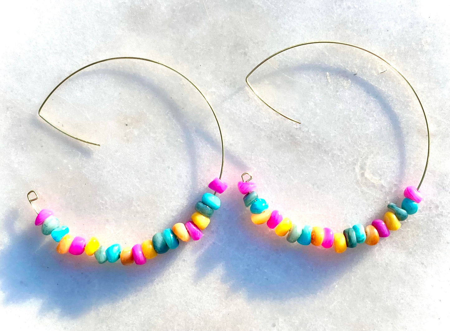 Colorful Chipped Gemstone Hoops | Handmade Gold Hoops | Large Open Dangle Hoop Earrings | Unique Style Hoops | Bright Multicolored Hoops |