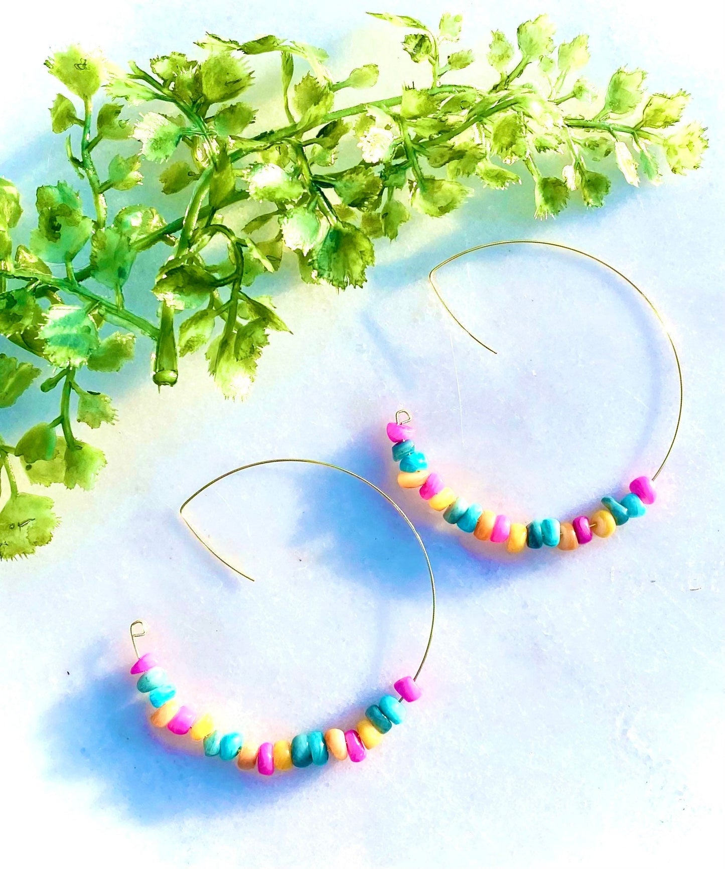 Colorful Chipped Gemstone Hoops | Handmade Gold Hoops | Large Open Dangle Hoop Earrings | Unique Style Hoops | Bright Multicolored Hoops |
