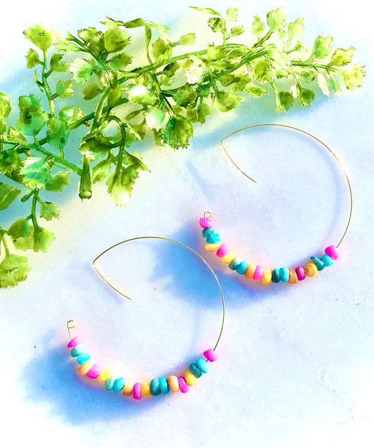 Colorful Chipped Gemstone Hoops | Handmade Gold Hoops | Large Open Dangle Hoop Earrings | Unique Style Hoops | Bright Multicolored Hoops |