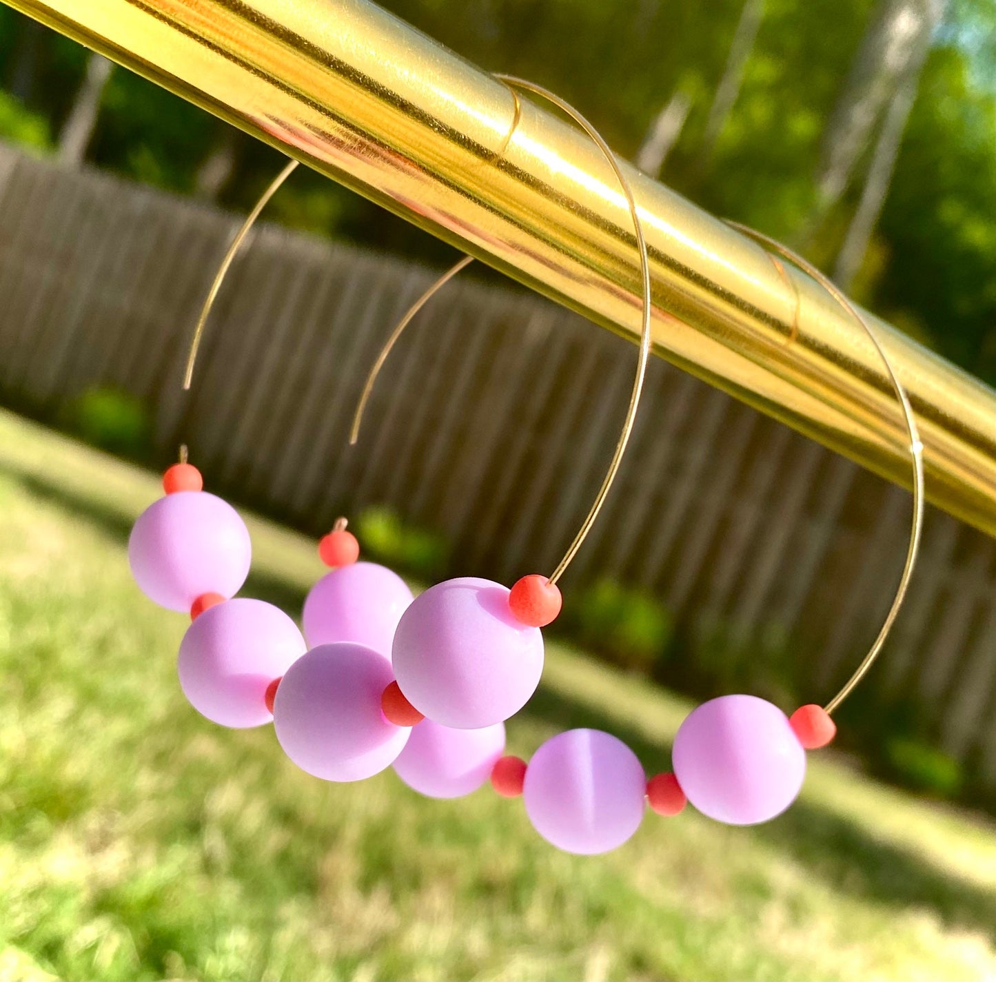 Lilac-Lavender Beaded Hoop Earrings | Modern | Dainty Gold Hoop Earrings | Lightweight | Uniquely Handmade | Gift For Her | Game Day Jewelry