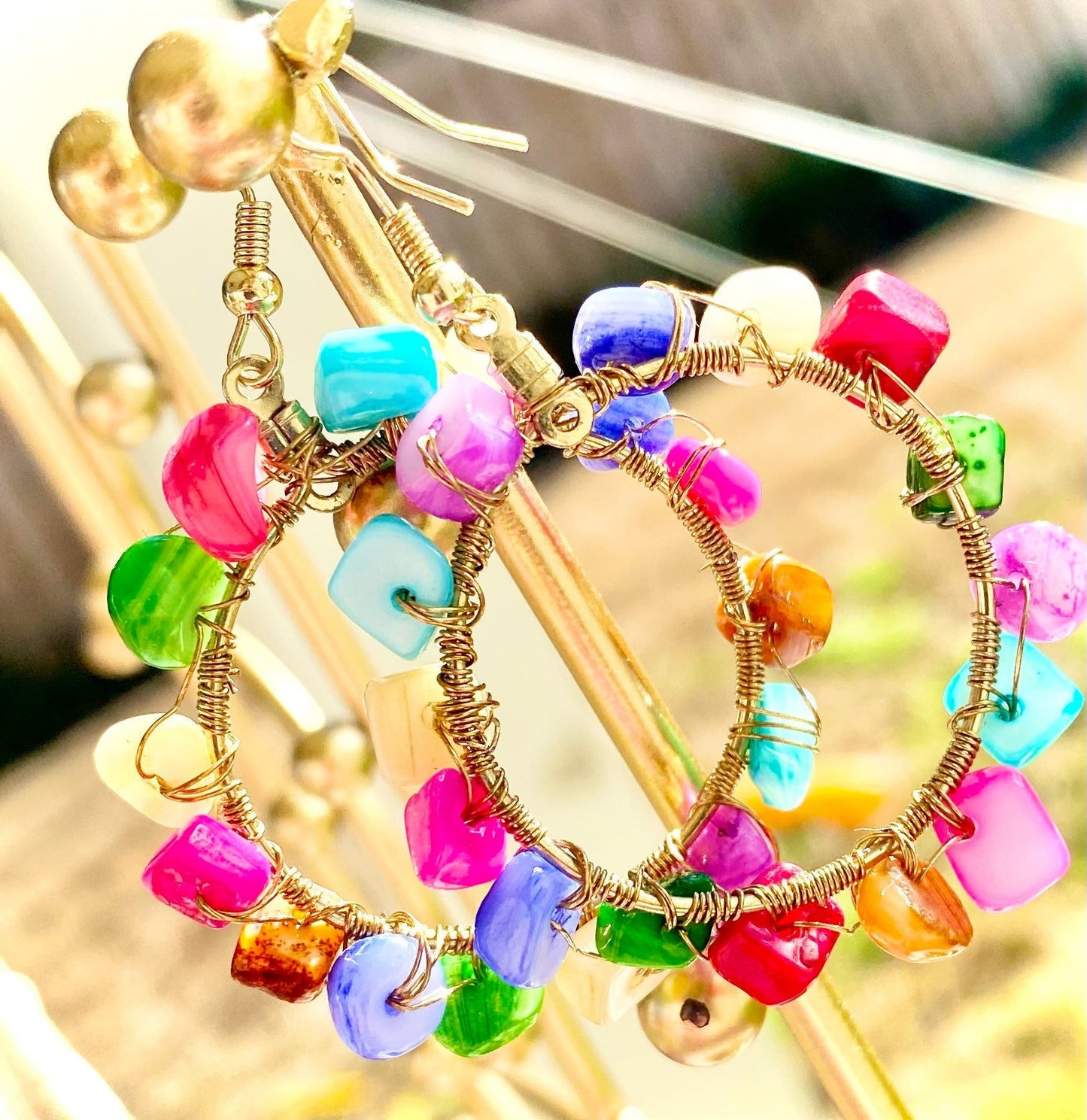 Colorful gemstone hoops | bright stone earrings | summer earrings | spring hoops | handmade wire wrapped gems | multicolor stoned hoops |