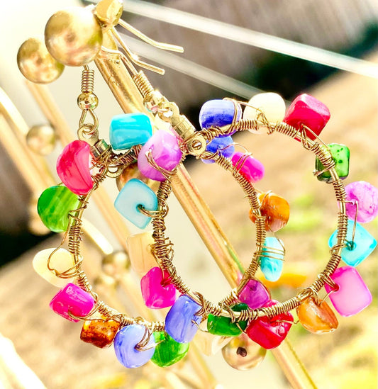 Colorful gemstone hoops | bright stone earrings | summer earrings | spring hoops | handmade wire wrapped gems | multicolor stoned hoops |