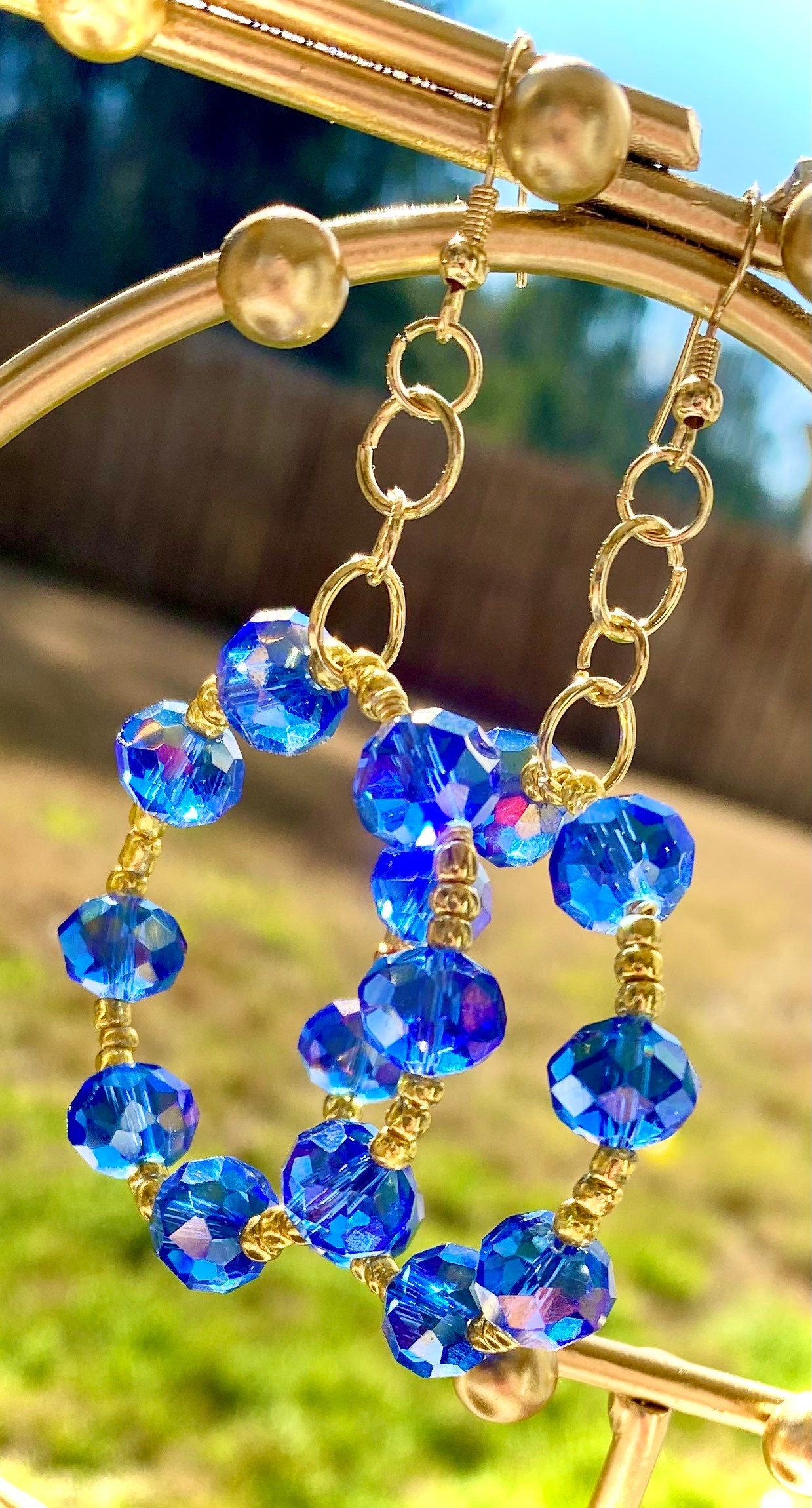 Sapphire blue crystal hoops | sparkly blue and gold chandbali style earrings | beaded gold hoops | dangle earrings | bright blue rhinestones