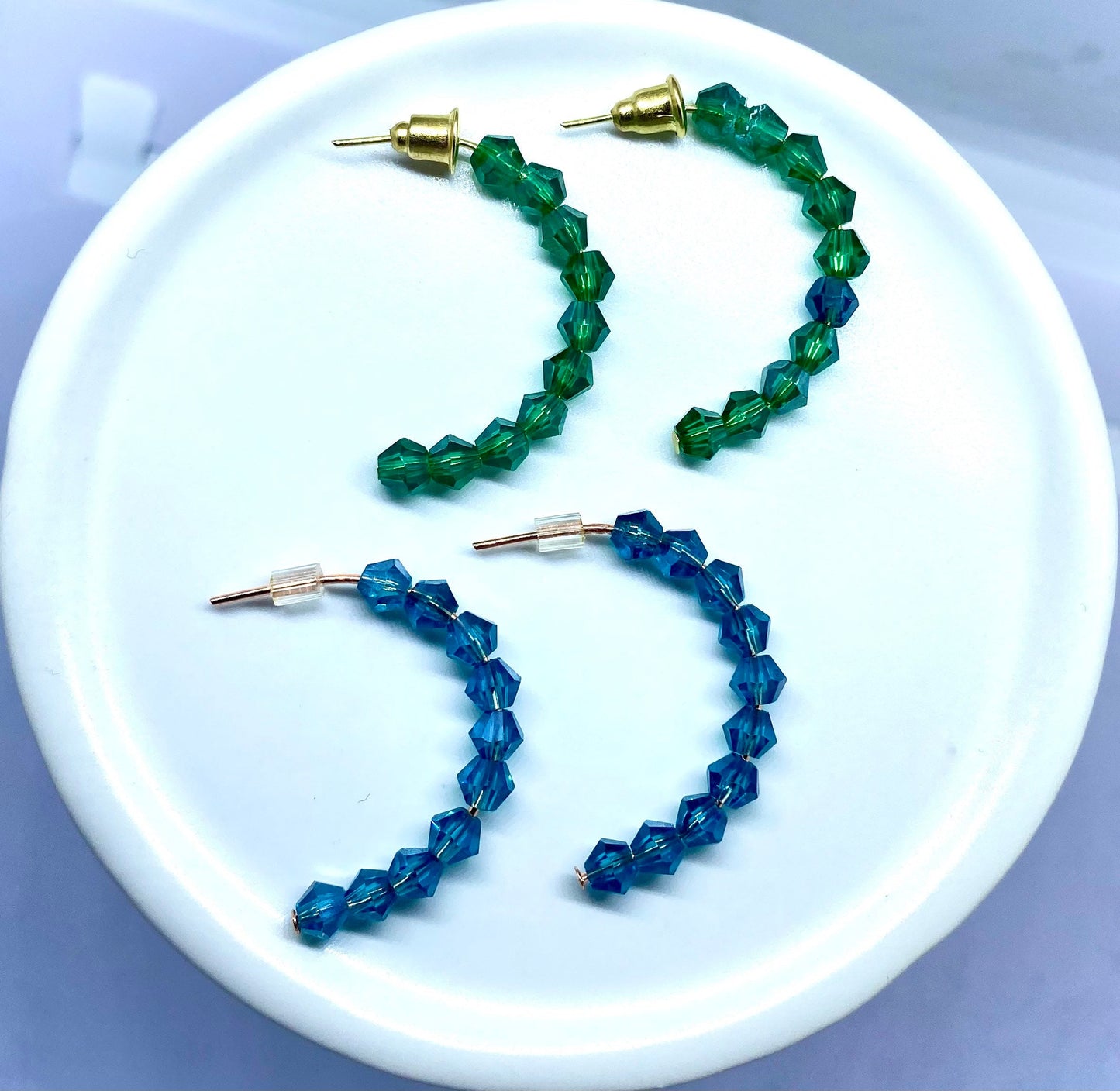 Crystal Hoop Earrings, Handmade Beaded C-Hoops, Huggie Style Hoops, Half Hoop Earrings, Birthstone Jewelry, Custom Color Gemstone Hoops.