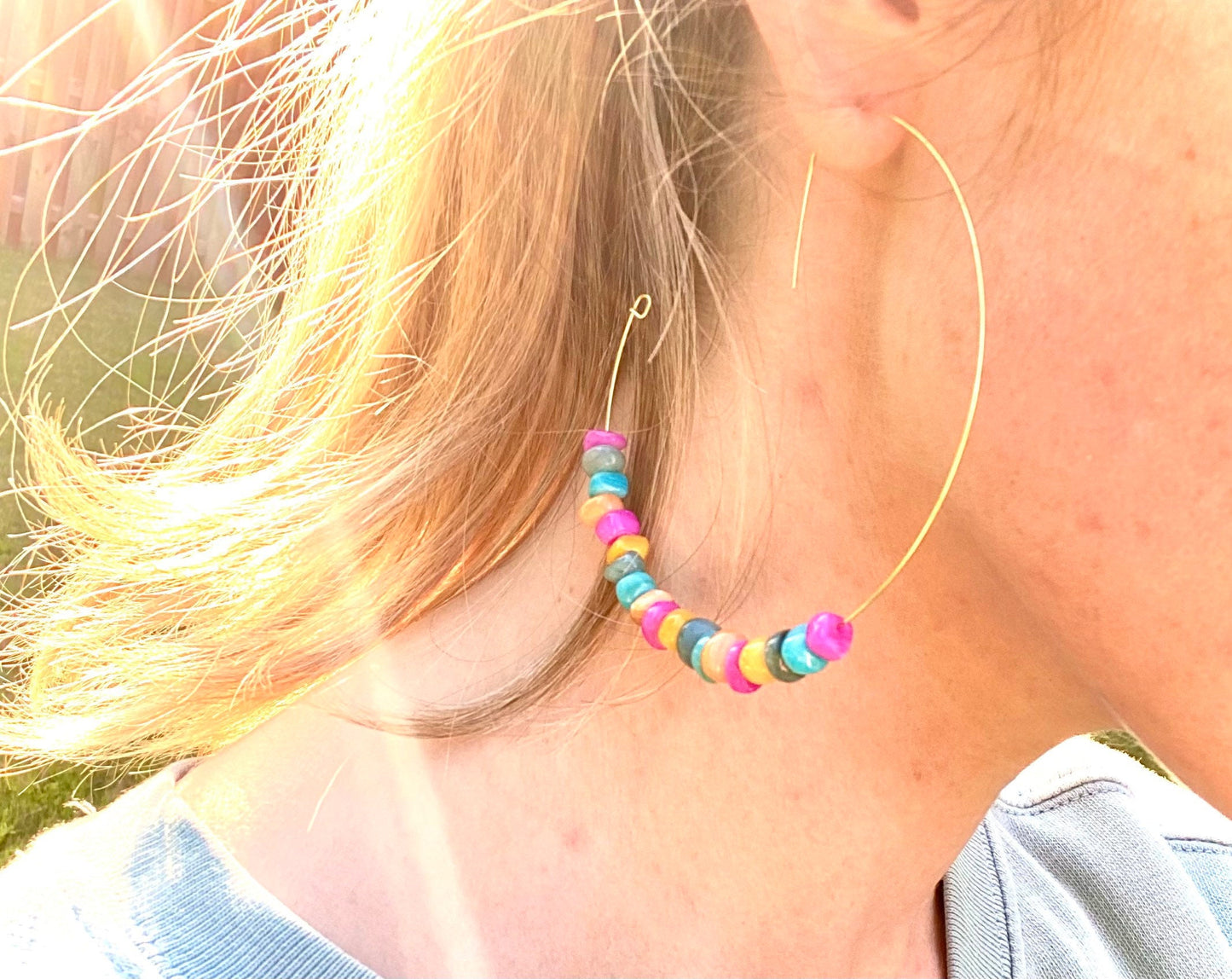 Colorful Chipped Gemstone Hoops | Handmade Gold Hoops | Large Open Dangle Hoop Earrings | Unique Style Hoops | Bright Multicolored Hoops |
