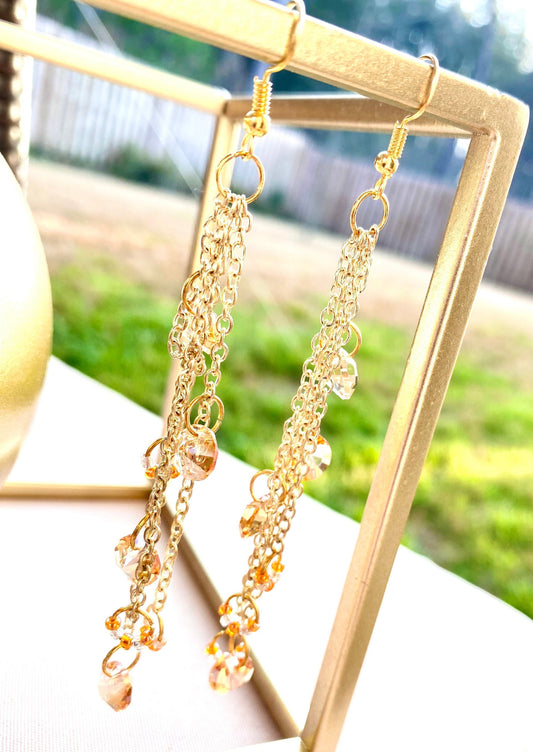 Peach diamond dangle chain earrings | handmade gold chain earrings | peachy orange colored iridescent dangling diamond | prom | pageant |