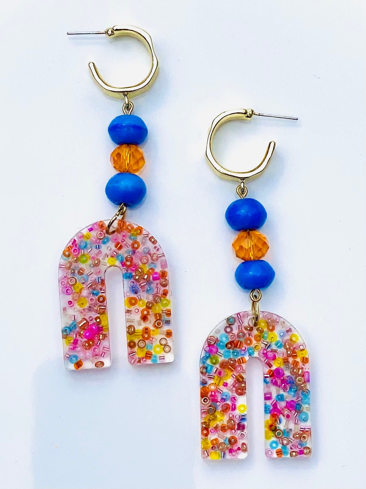 Rainbow Earrings | Colorful U-Shape Earrings | Bright Summer Color Earrings | Gold Half Hoop Stud Dangle Earring | Long Earrings | Prom |
