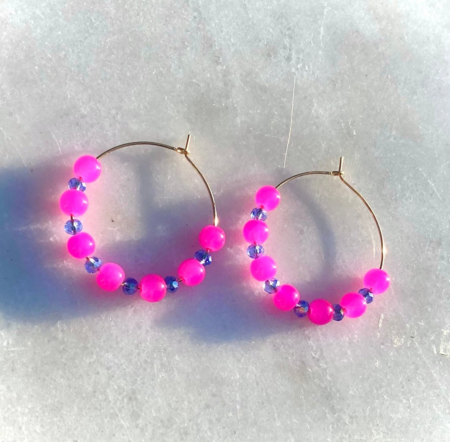 Bright Pink and Gold Hoop Earrings | Hot Pink and Sapphire Blue Crystal Glass Beading on Handmade Gold Plated Hoops | Medium/Small Hoops