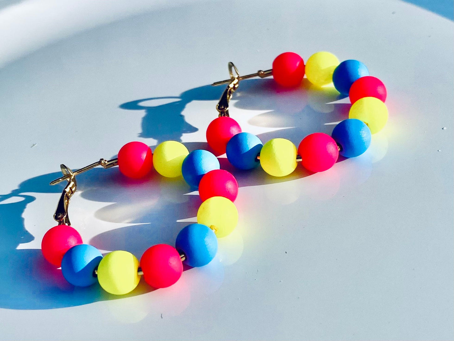 Rainbow Hoop Earrings | Neon Beaded Hoops | Bright Summer Color Jewelry | Gold Lever Clasp Hoops | Hand Crafted | Pink | Blue | Yellow |