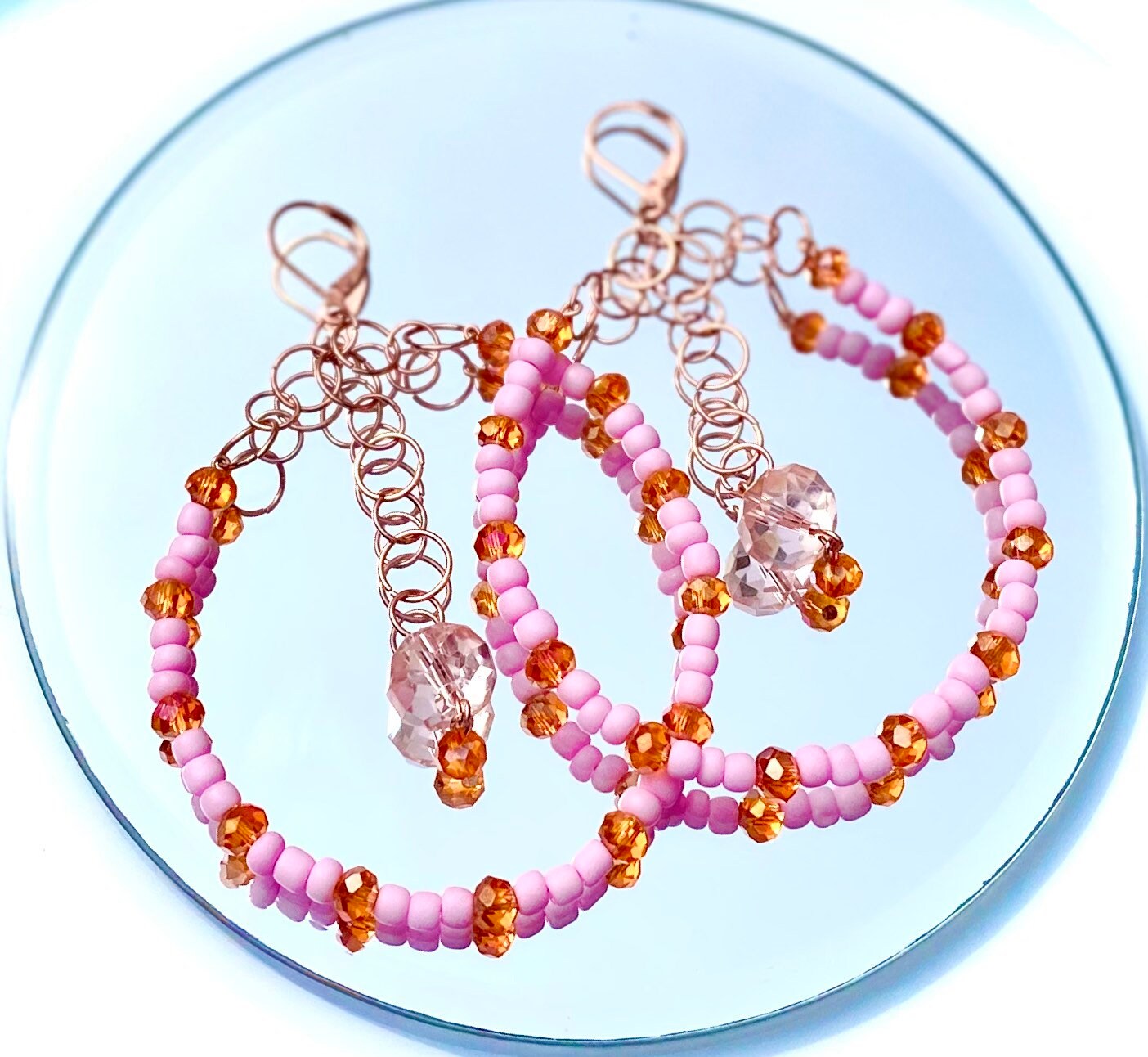 Teardrop Hoop Earrings | Large Beaded Oblong Hoops | Chain Maille | Handcrafted Rose Gold Hoops | Colorful Earrings | Dangle Hoops | Crystal