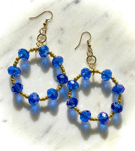 Sapphire blue crystal hoops | sparkly blue and gold chandbali style earrings | beaded gold hoops | dangle earrings | bright blue rhinestones