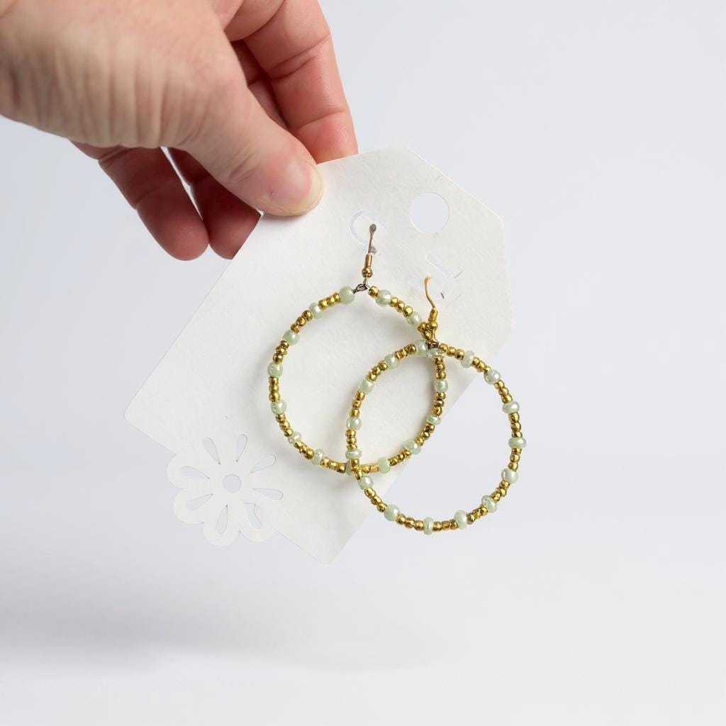 Dainty Beaded Gold Hoop Earrings | Artisan Jewelry | White and Gold Seed Bead Hoops | Boho Chic | Lightweight & Elegant | Handmade | Pearly
