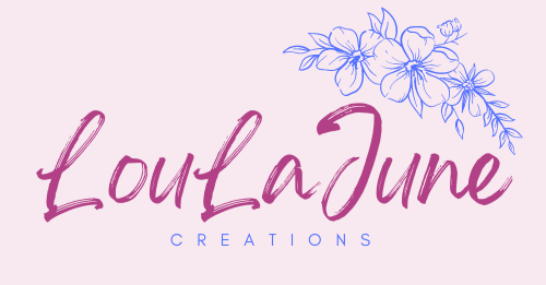 Logo for LouLa June Creations with floral elements on a light purple background