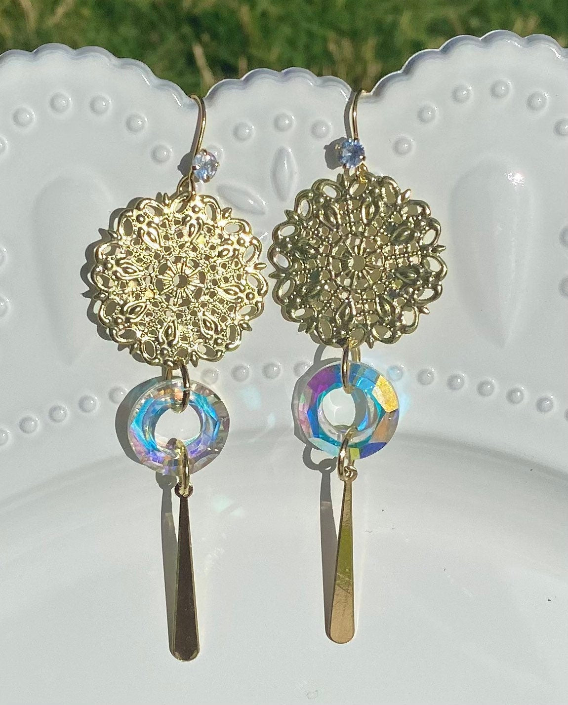Elegant Dangle Drop Earrings | Wedding Earrings | Gold Detailed Design | Handmade Earrings | Crystal Dangle Earrings | Bridesmaid Earrings |