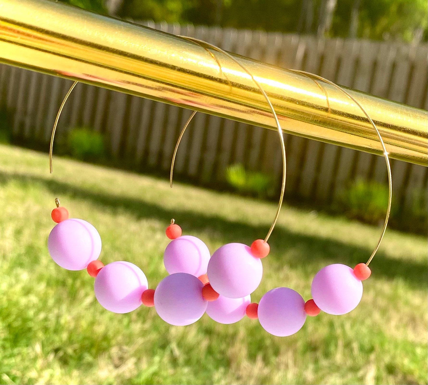 Lilac-Lavender Beaded Hoop Earrings | Modern | Dainty Gold Hoop Earrings | Lightweight | Uniquely Handmade | Gift For Her | Game Day Jewelry