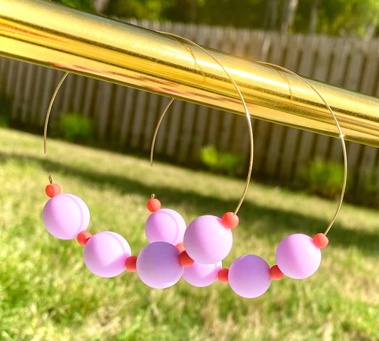 Lilac-Lavender Beaded Hoop Earrings | Modern | Dainty Gold Hoop Earrings | Lightweight | Uniquely Handmade | Gift For Her | Game Day Jewelry