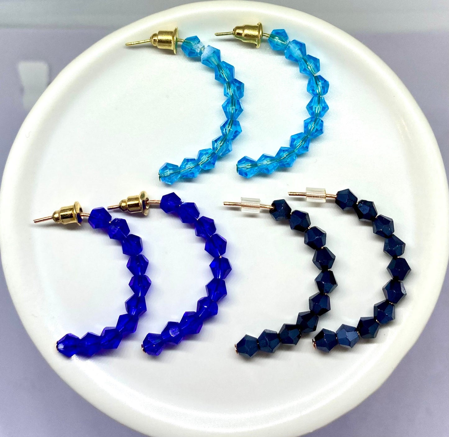 Crystal Hoop Earrings, Handmade Beaded C-Hoops, Huggie Style Hoops, Half Hoop Earrings, Birthstone Jewelry, Custom Color Gemstone Hoops.