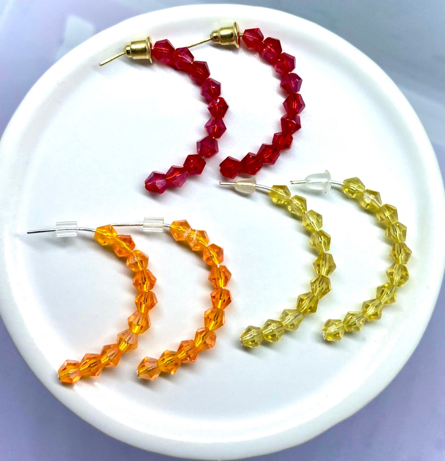 Crystal Hoop Earrings, Handmade Beaded C-Hoops, Huggie Style Hoops, Half Hoop Earrings, Birthstone Jewelry, Custom Color Gemstone Hoops.