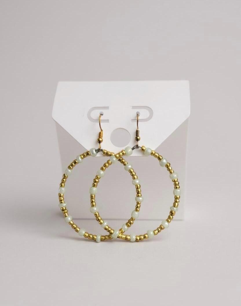 Dainty Beaded Gold Hoop Earrings | Artisan Jewelry | White and Gold Seed Bead Hoops | Boho Chic | Lightweight & Elegant | Handmade | Pearly