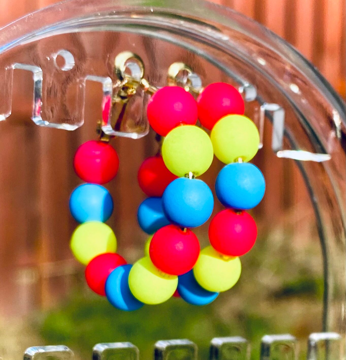 Rainbow Hoop Earrings | Neon Beaded Hoops | Bright Summer Color Jewelry | Gold Lever Clasp Hoops | Hand Crafted | Pink | Blue | Yellow |
