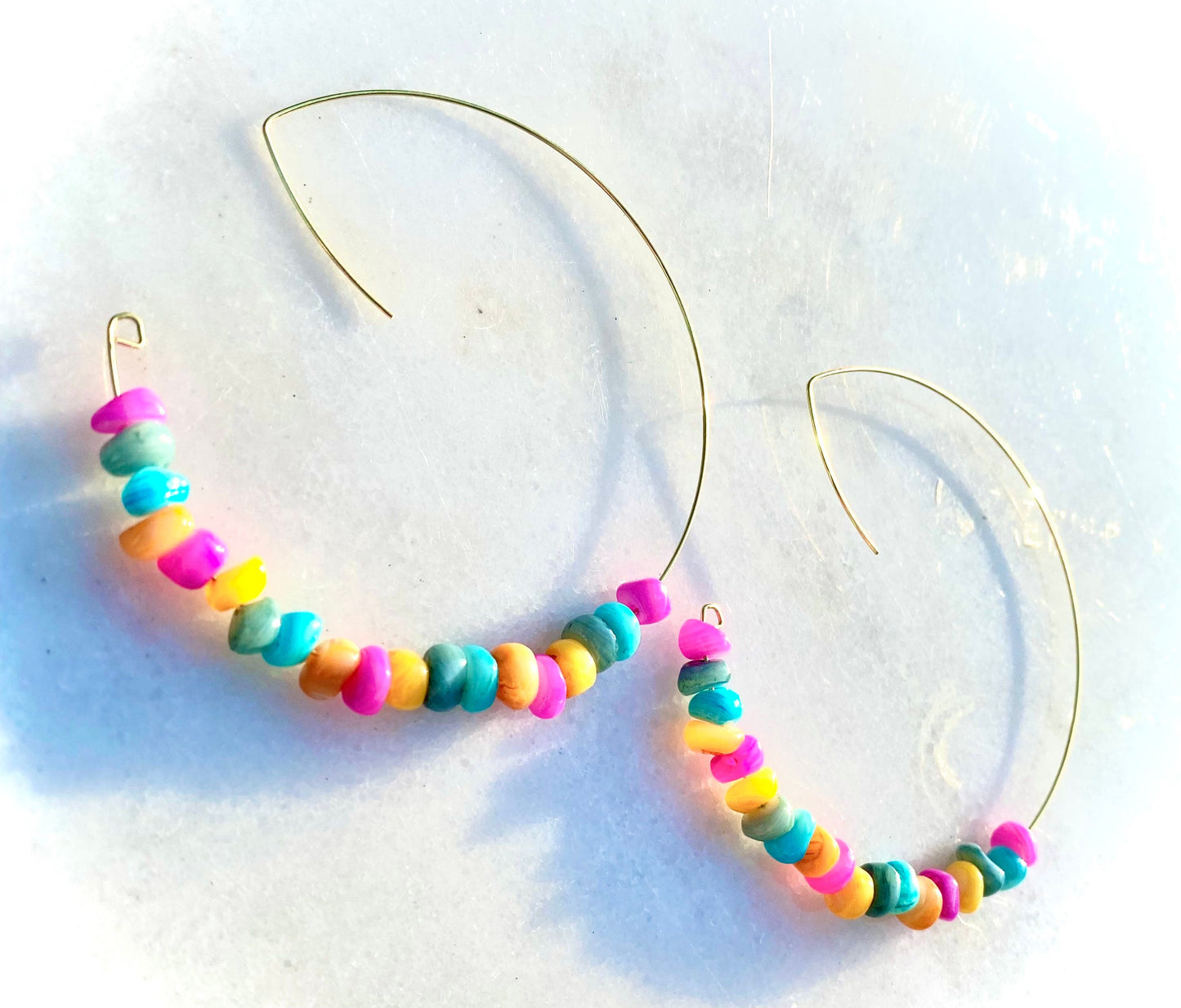 Colorful Chipped Gemstone Hoops | Handmade Gold Hoops | Large Open Dangle Hoop Earrings | Unique Style Hoops | Bright Multicolored Hoops |