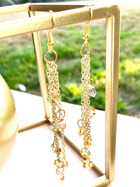 Peach diamond dangle chain earrings | handmade gold chain earrings | peachy orange colored iridescent dangling diamond | prom | pageant |